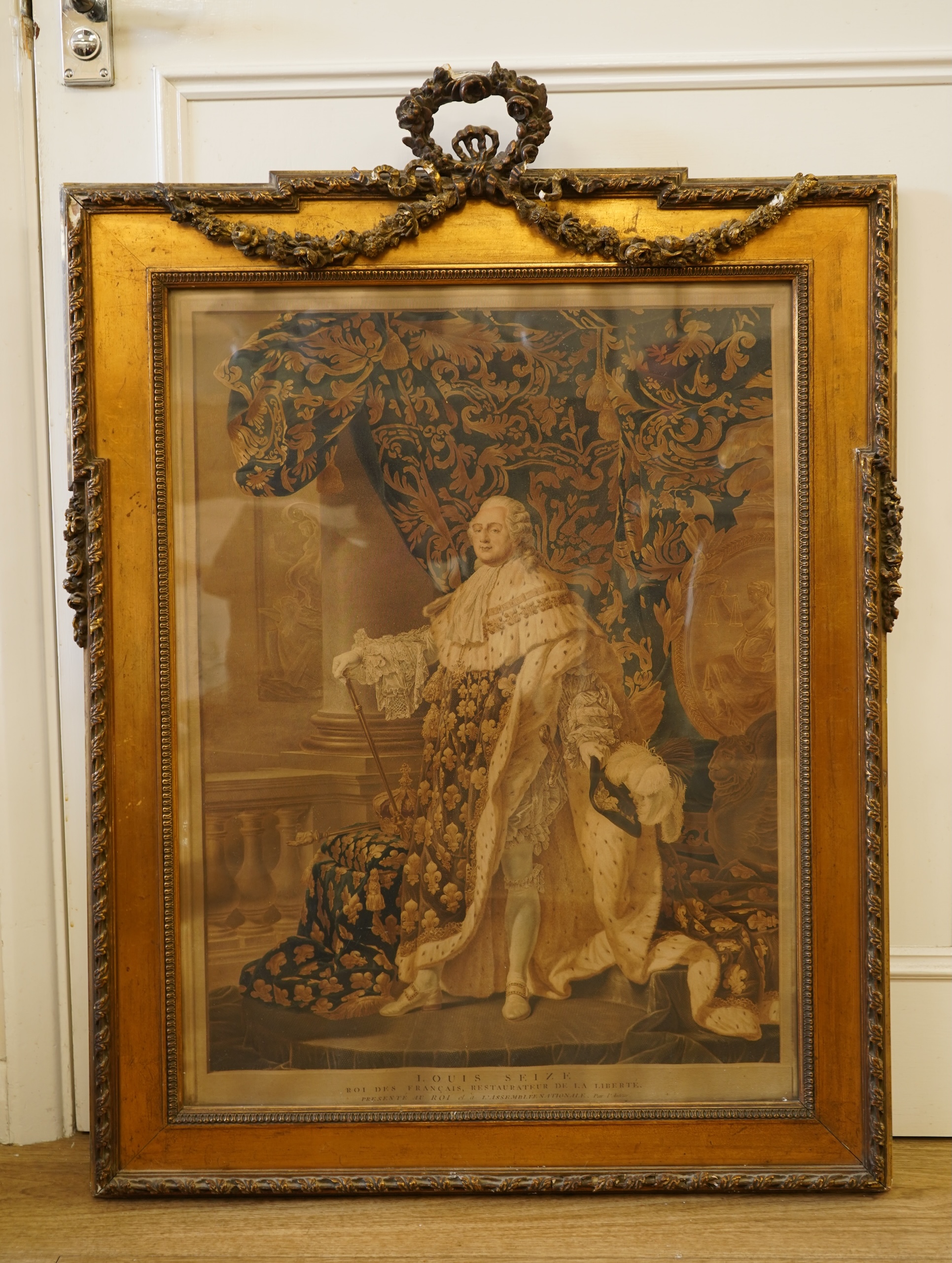 After Antoine Callet (1741-1823), Louis XVI and Marie Antoinette, pair of mezzotints, housed in giltwood frames, HRH Duke of Kent provenance, 68 x 51cm